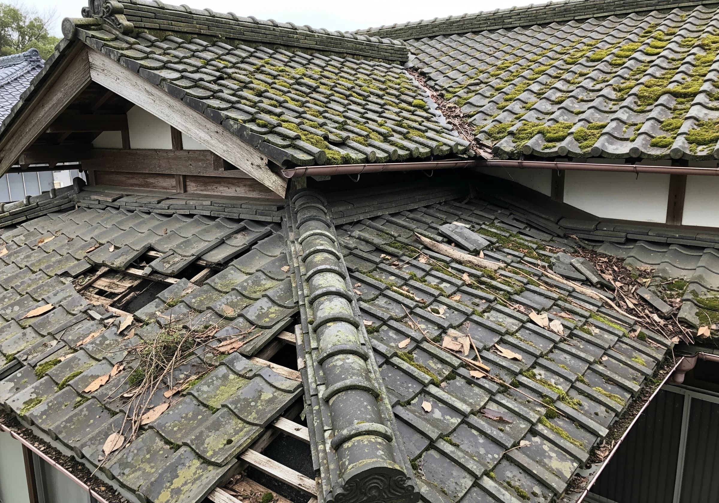 施工前の苔や破損が目立つ屋根瓦