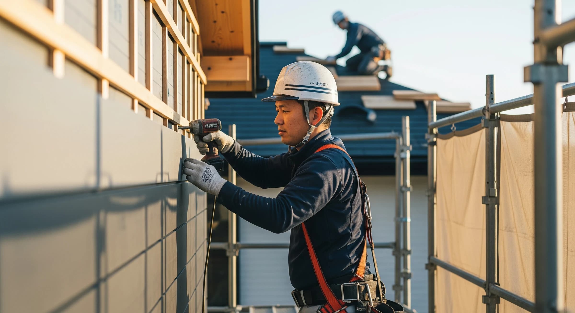 外壁の張り替え工事を行う職人